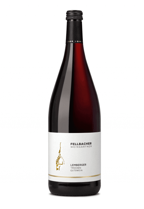 Flasche mit Rotwein der Rebsorte Lemberger aus der Qualitätsstufe Gutswein der Fellbacher Weingärtner eG