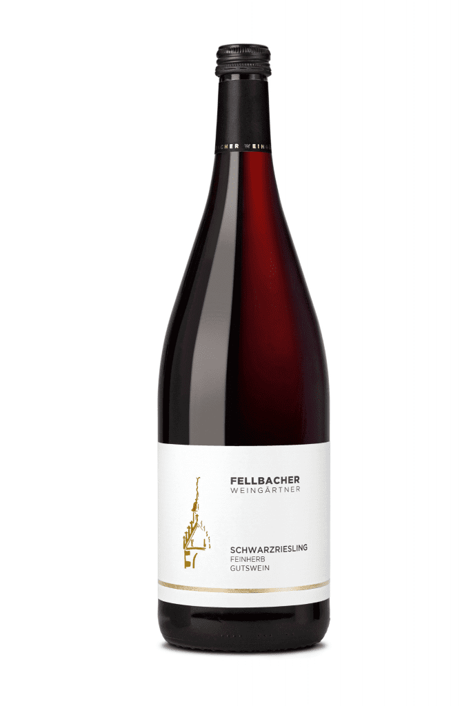Flasche mit Rotwein aus der Rebsorte Schwarzriesling der Edition Gutswein in der Literlfasche der Fellbacher Weingärtner eG