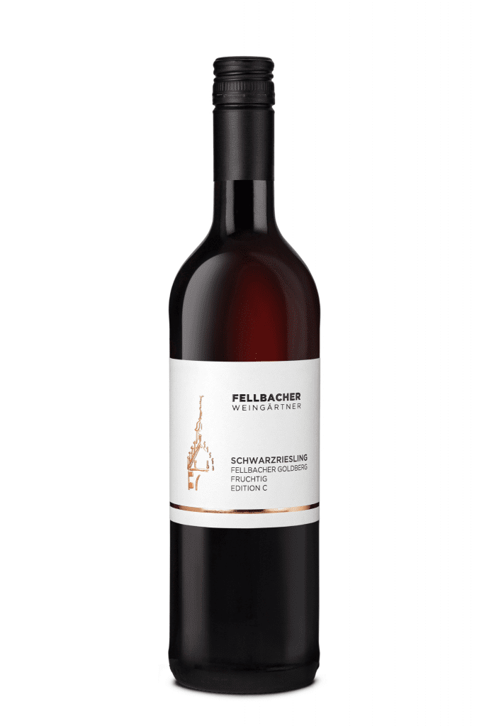 Flasche mit Rotwein der Rebsorte Schwarzriesling aus der Edition C der Fellbacher Weingärtner eG