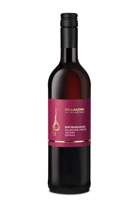 Flasche mit Rotwein der Rebsorte Spätburgunder aus der Edition S der Fellbacher Weingärtner