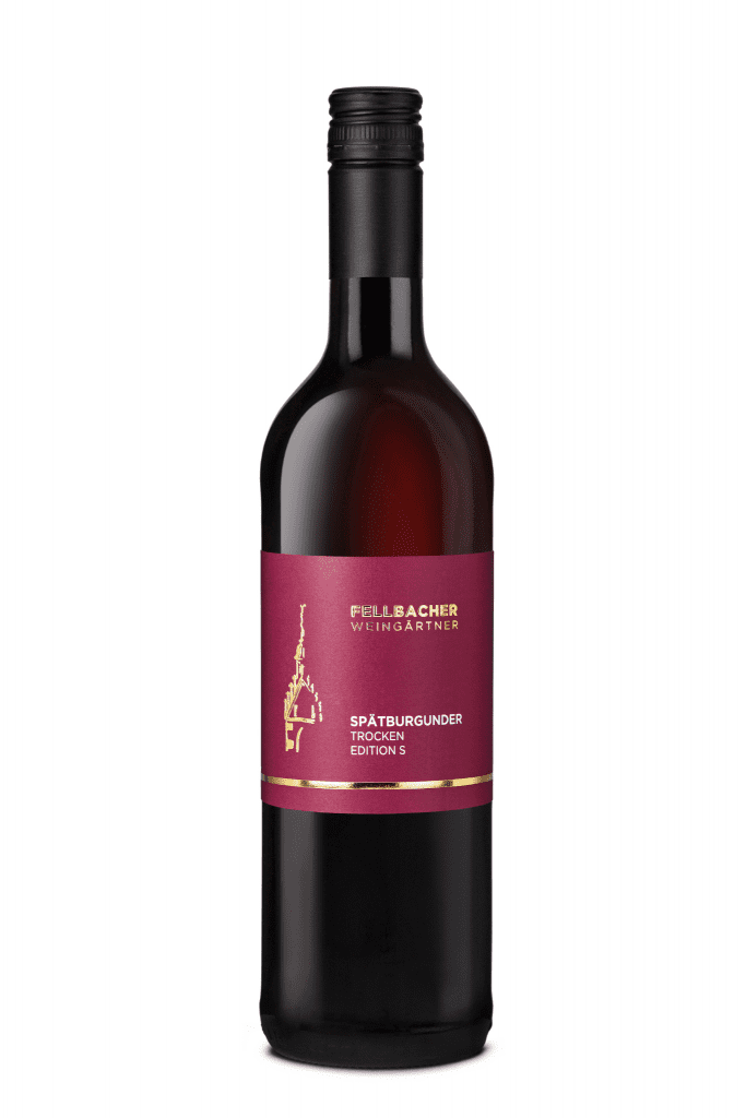 Flasche mit Rotwein der Rebsorte Spätburgunder aus der Edition S der Fellbacher Weingärtner eG