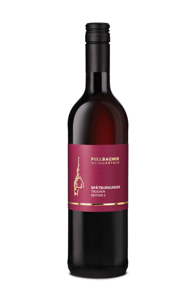 Flasche mit Rotwein der Rebsorte Spätburgunder aus der Edition S der Fellbacher Weingärtner eG