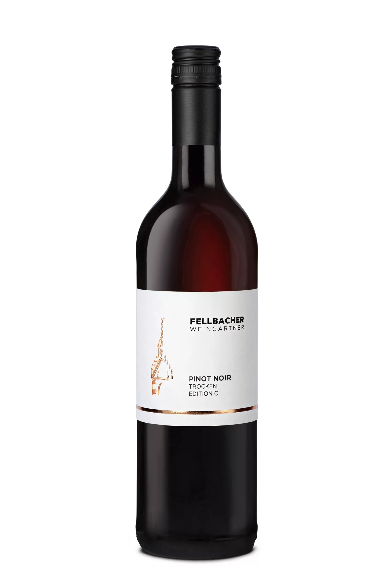 Flasche mit Rotwein der Rebsorte Pinot Noir der Fellbacher Weingärtner eG
