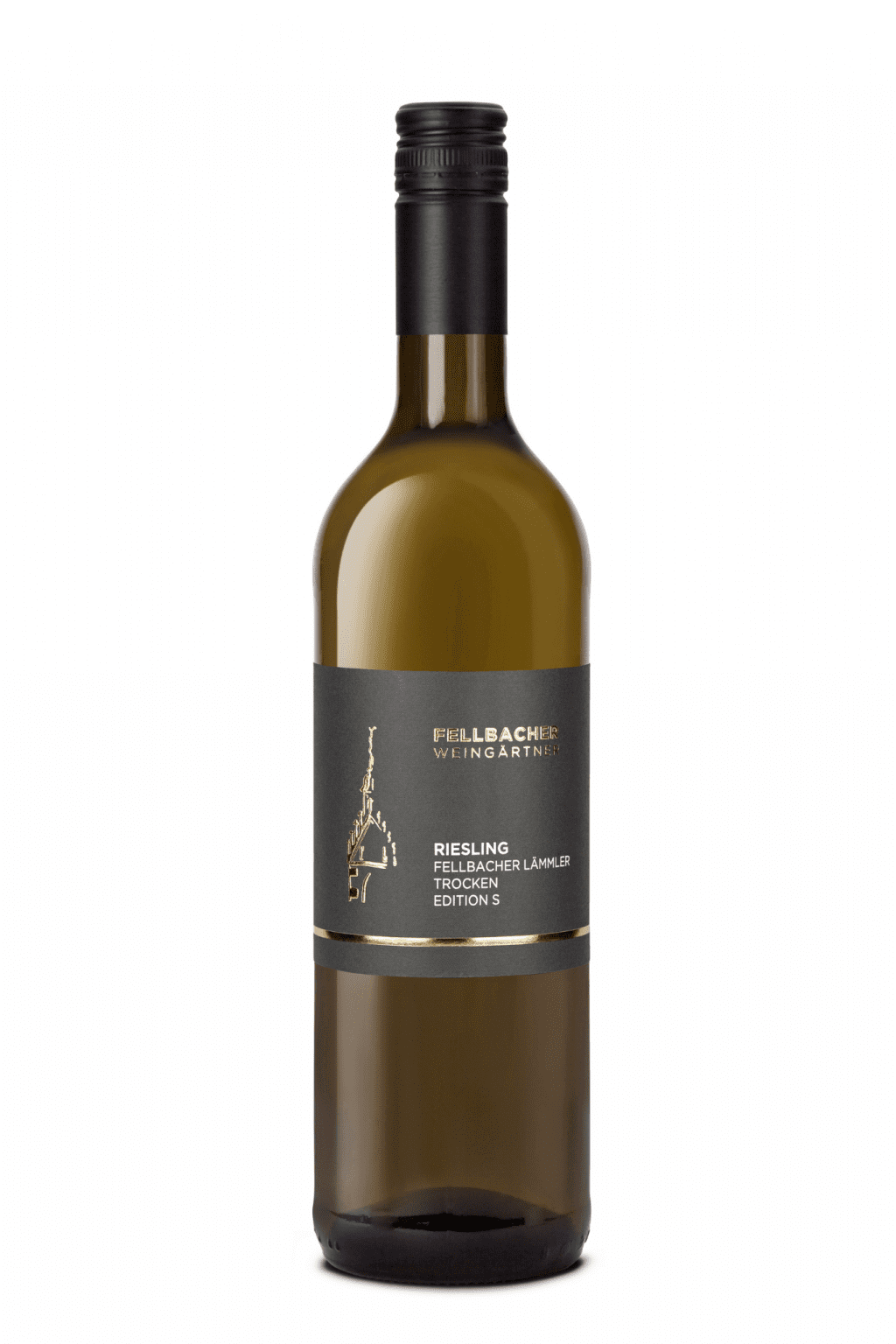 Flasche mit Weißwein der Rebsorte Riesling aus der Edition S der Fellbacher Weingärtner eG