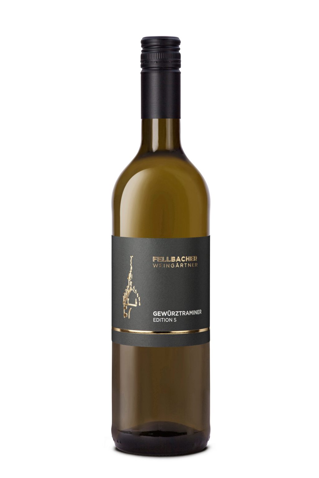 Flasche mit Weißwein der Rebsorte Gewürztraimner aus der Edition S der Fellbacher Weingärtnre eG