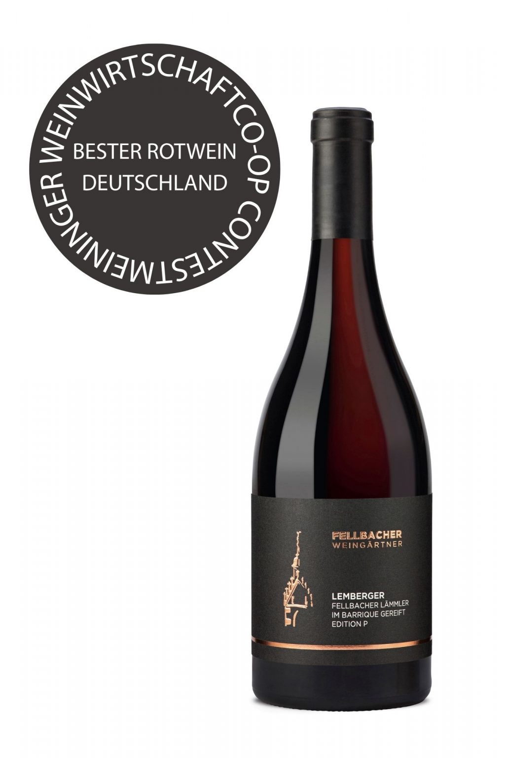 Flasche mit Rotwein der Rebsorte Lemberger der Edition P der Fellbacher Weingärtner eG mit dem Vermerk auf den Besten Deutschen Rotwein-Preis von Meininger 2025