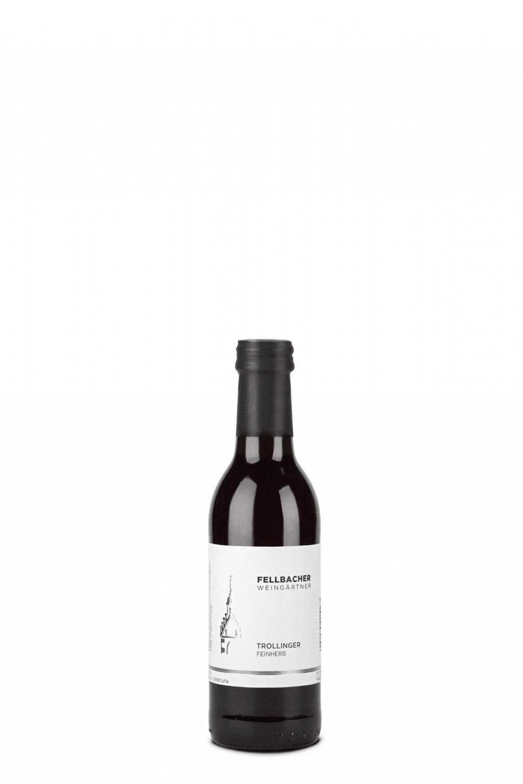 Flasche mit Rotwein der Rebsorte Trollinger in der 0,25l Flasche der Fellbacher Weingärtner