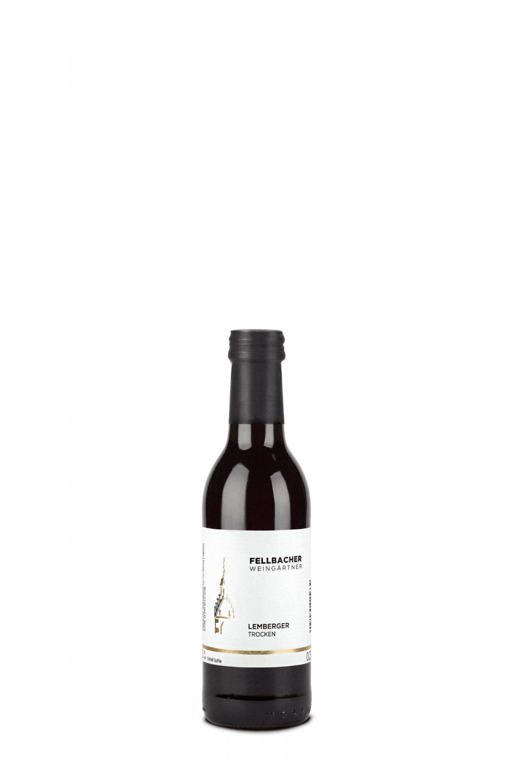 Flasche mit Rotwein der Sorte Lemberger in der 0,25l Flasche der Fellbacher Weingärtner eG