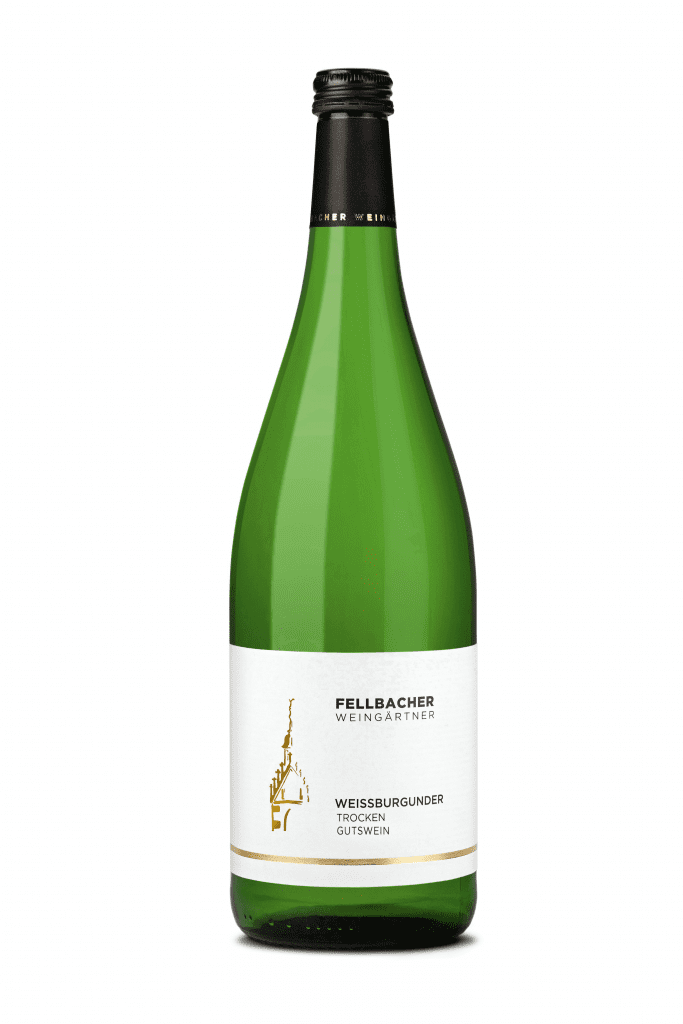 Flasche mit Weißwein der Rebsorte Weißer Burgunder in der 1,0 Literflasche