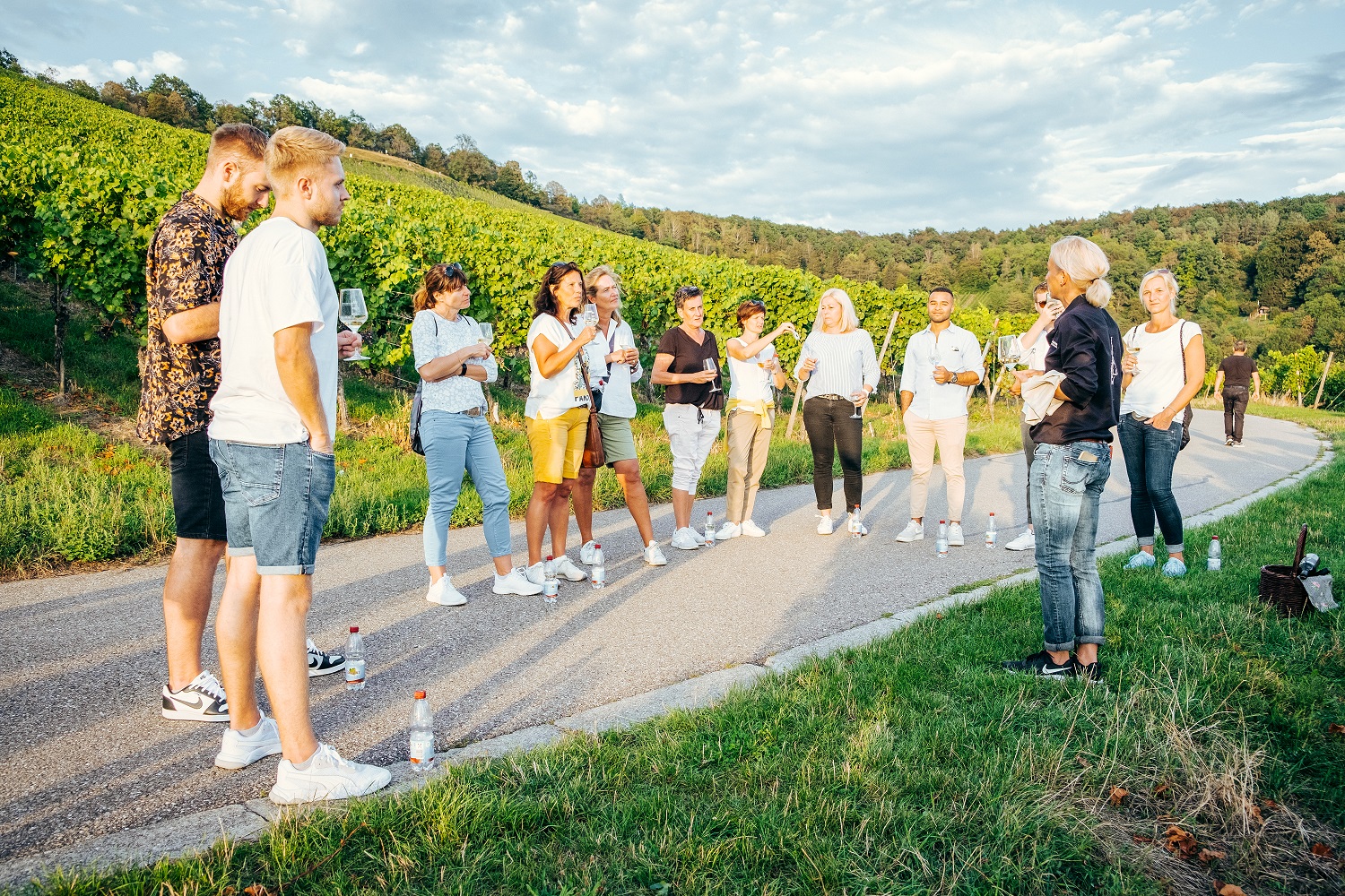 Gruppe mit Menschen wandert im Rahmen einer Weinprobe durch die Fellbacher Weinberge