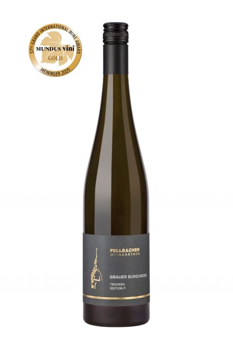 Flasche mit Weißwein aus der Rebsorte Grauer Burgunder aus der Edition P der Fellbacher Weingärtner eG