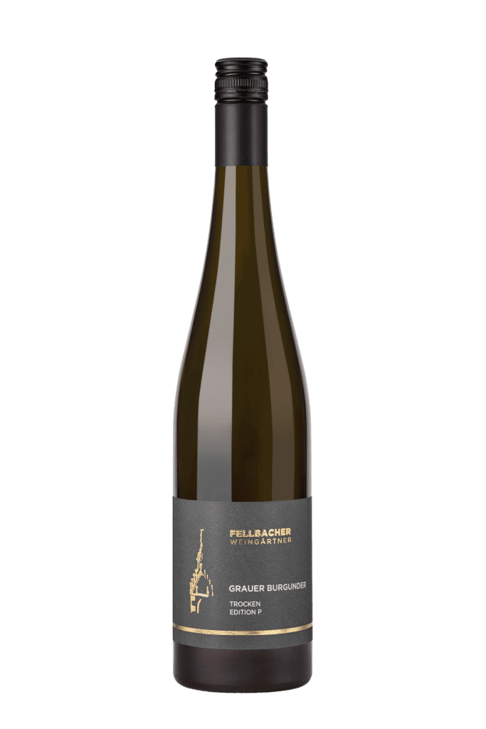 Flasche mit Weißwein aus der Rebsorte Grauer Burgunder aus der Edition P der Fellbacher Weingärtner eG