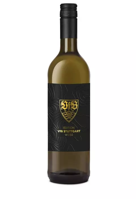 Flasche mit Weißwein aus der Edition VfB Stuttgart der Fellbacher Weingärtner eG