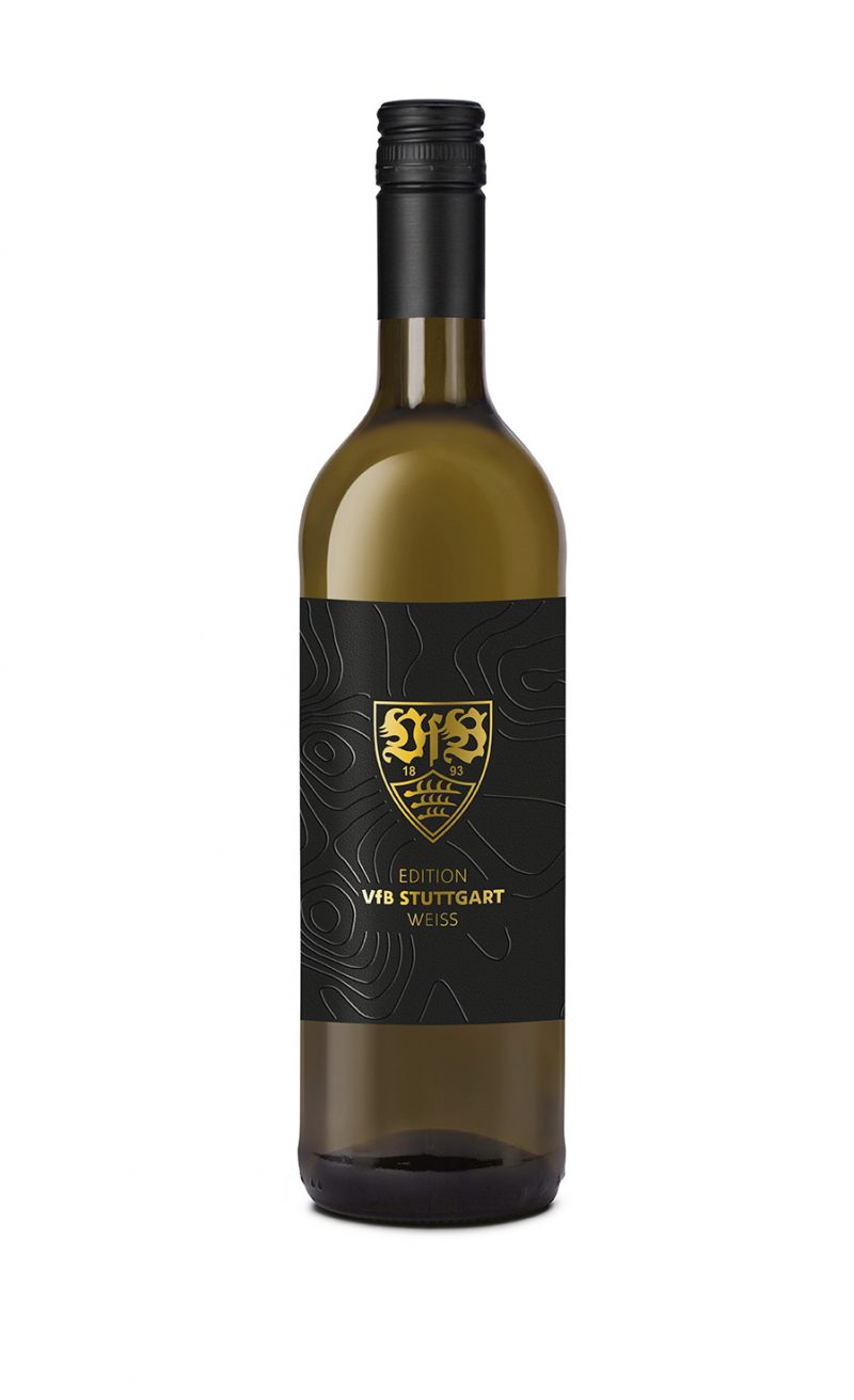 Flasche mit Weißwein aus der Edition VfB Stuttgart der Fellbacher Weingärtner eG