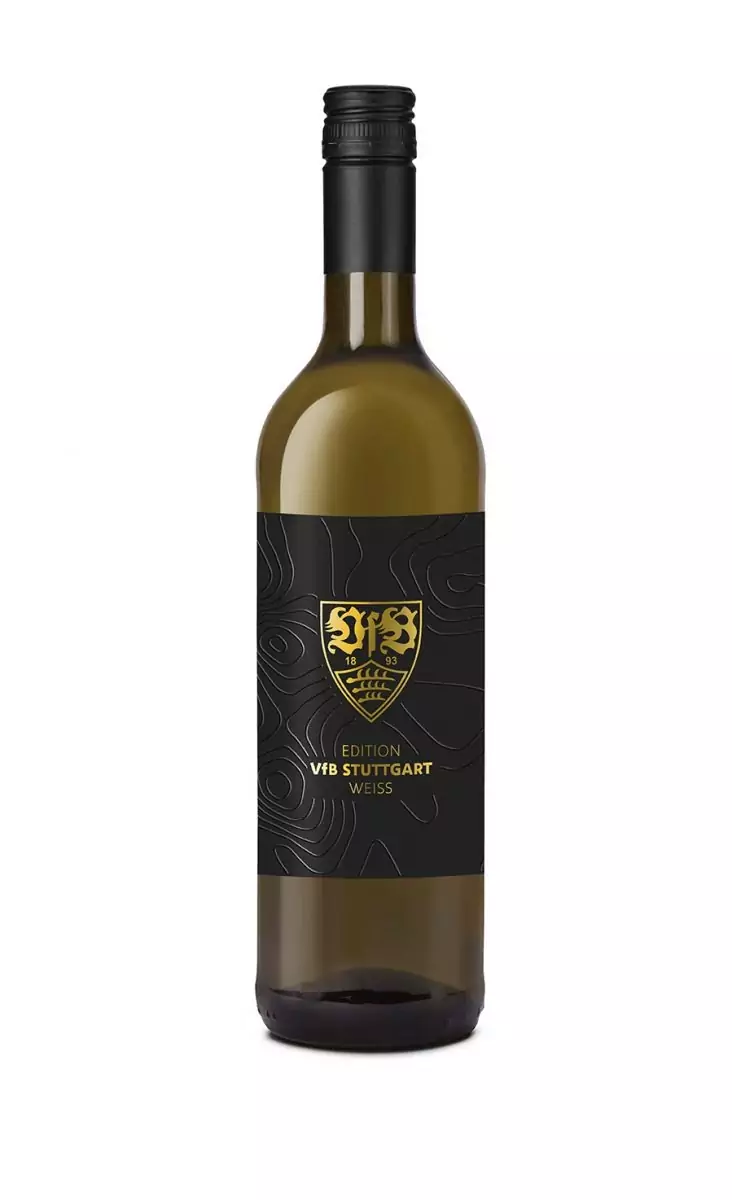 Flasche mit Weißwein aus der Edition VfB Stuttgart der Fellbacher Weingärtner eG
