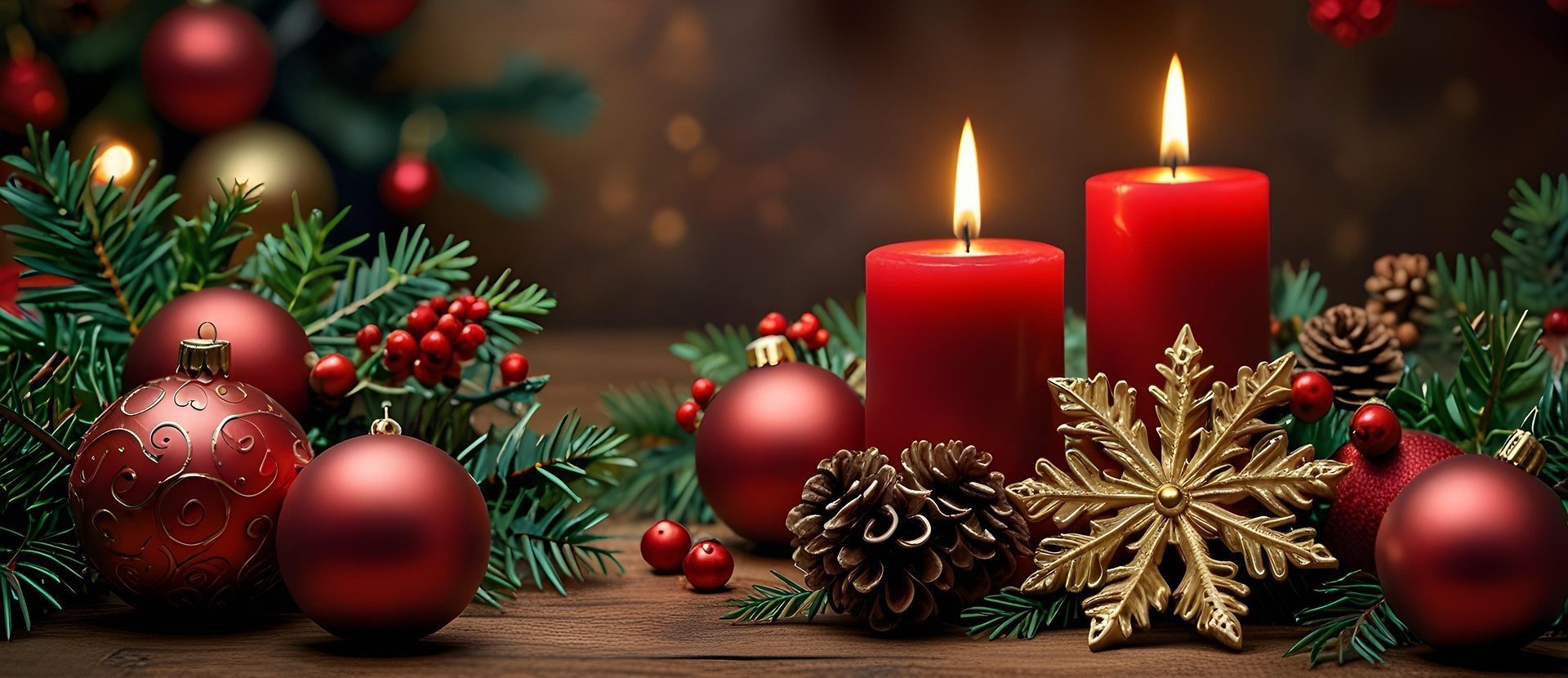 Adventliche Dekoration mit Kerzen und Kugeln