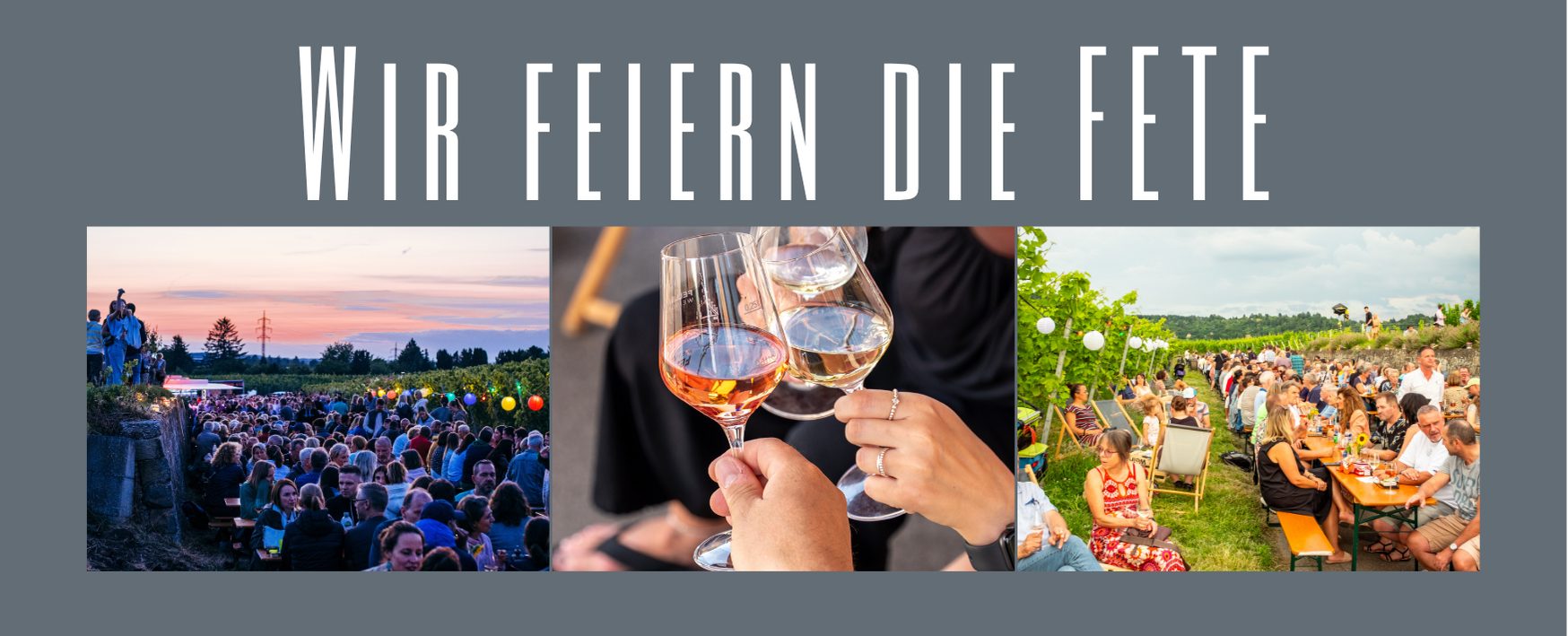 Überschrift wir feiern die Fete auf azurblauem Hintergrund mit drei Bildern von der Fete
