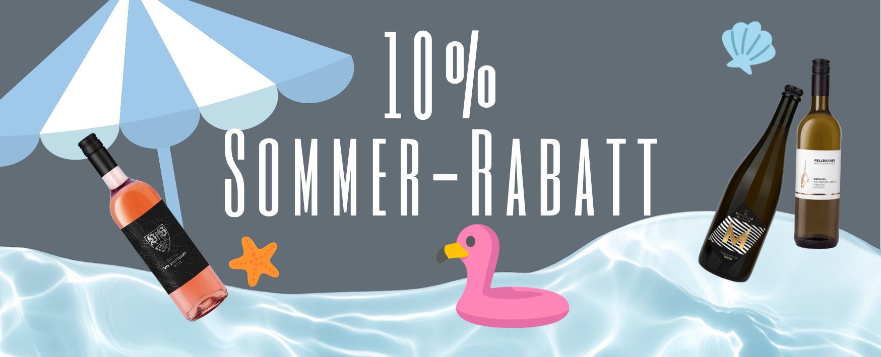 Überschrift 10% Sommerrabatt auf azurblauem Hintergrund mit 3 Weinflaschen und Strandfeeling
