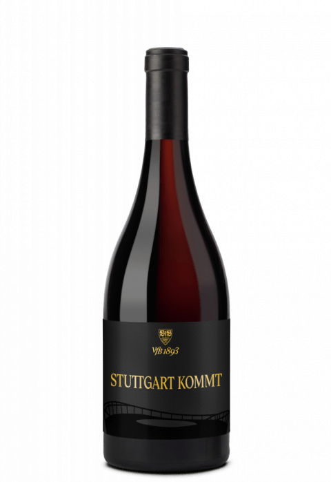 Flasche mit einer Rotweincuvée und einem Sonderetikett "Stuttgart kommt" der Fellbacher Weingärtner eG