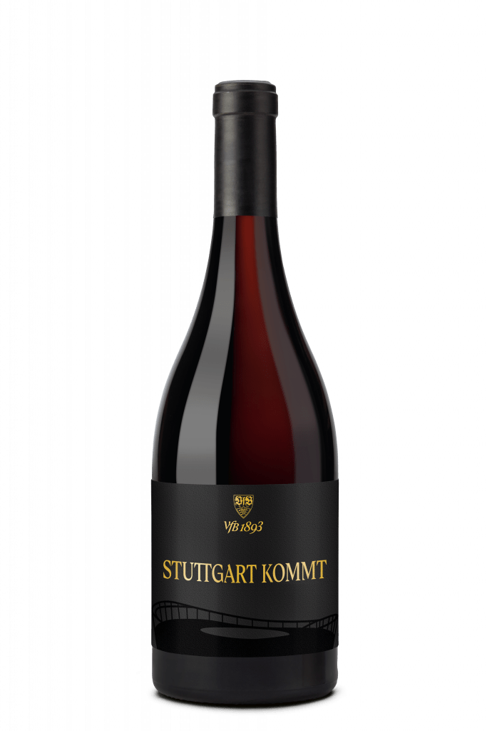 Flasche mit einer Rotweincuvée und einem Sonderetikett "Stuttgart kommt" der Fellbacher Weingärtner eG